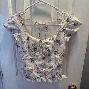 Elegant Floral Women's Blouse in Blue and Cream